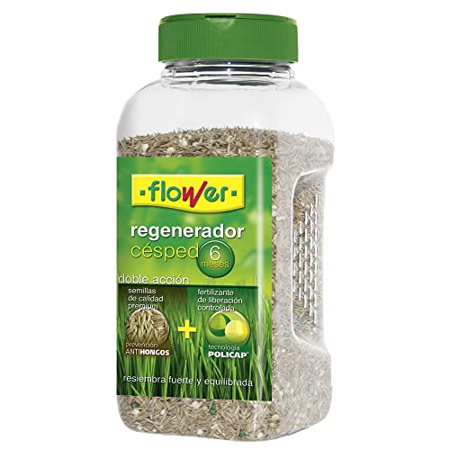 Flower - Regenerador Césped de Liberación Controlada | Semilla + Abono | Prevención Anti-Hongos | 6 Meses Abonado Continuo, 500 g, 8.8x8.5x19.5 cm, Abono
