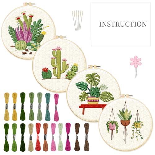 Image of INFUNLY 4 Pack Tropical Plants Embroidery Kit for Beginners Adults Cactus Embroidery Starter Kit Punch Needle Embroidery Kits Palm Leaf Cross Stitch Kits with Patterns Instructions for DIY