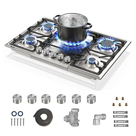 Dalxo 30 Inch Gas Cooktop, 38300 BTU 5 Italy Defendi Sealed Burners Drop in Gas Stovetop with 6 Metal Knob, Thermocouple Protection Gas Hob, NG/LPG for Kitchen RV, Food-grade Stainless Steel