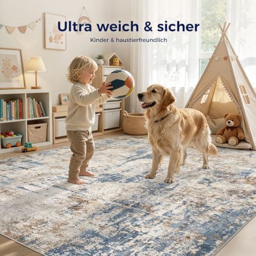 DMOYEST Teppich Wohnzimmer 150x200cm Blau Beige Modern Abstrakt Waschbar – Ansicht 6