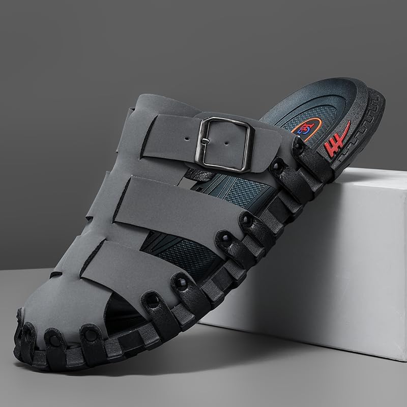 Mens Leather Beach Slides Sandals For Men Closed Toe Hiking Outdoor Athletic Casual Walking Sandals Water Shoes Summer Fisherman