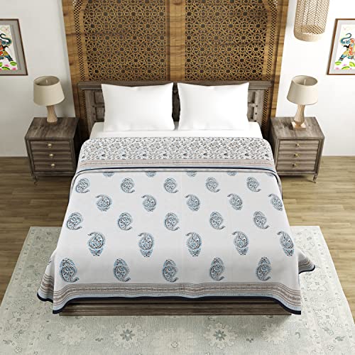 Image of BLOCKS OF INDIA 100% Cotton Dohar King Size Reversible Hand Block Printed Malmal Summer Dohar /Blanket (Grey JAAL)