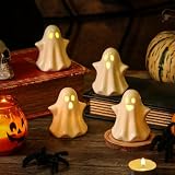 4PCS Ceramic Ghost Light Up Decor, Cute Ghost Halloween Decor, Small White Ghost Figurine Timer Led Ghost Figurines for Desk Tabletop Centerpieces，Halloween Decoration Indoor