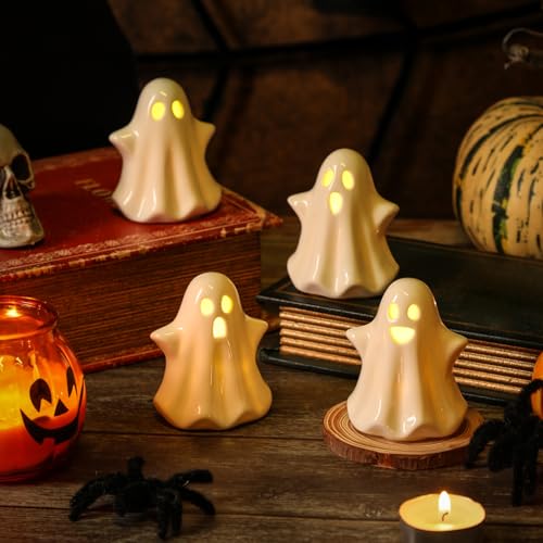 4PCS Ceramic Ghost Light Up Decor, Cute Ghost Halloween Decor, Small White Ghost Figurine Timer Led...
