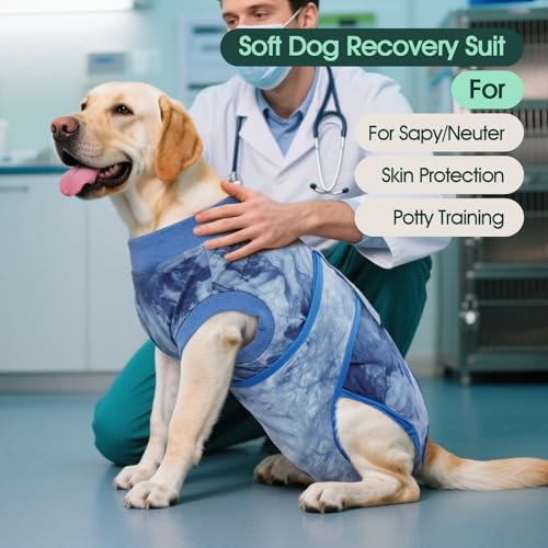 Image of Kuoser Dog Surgery Recovery Suit, Anti Licking Surgical Suit for Dogs Male Neuter, Soft Dog Surgery Suit Female Spay Subsititute E-Collar Cone, Doggie Body Suits After Surgery Blue Tie Dye L