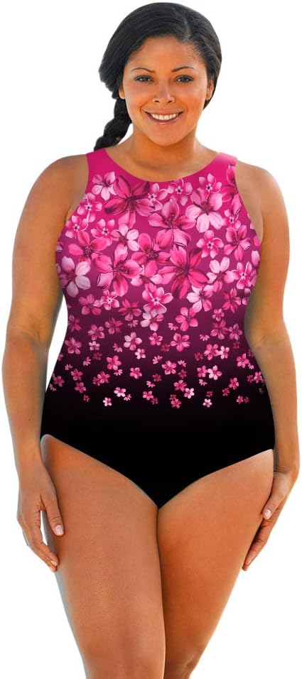 AQUAMORE Women's Plus Size Chlorine Resistant Designer High Neck One Piece Swimsuit