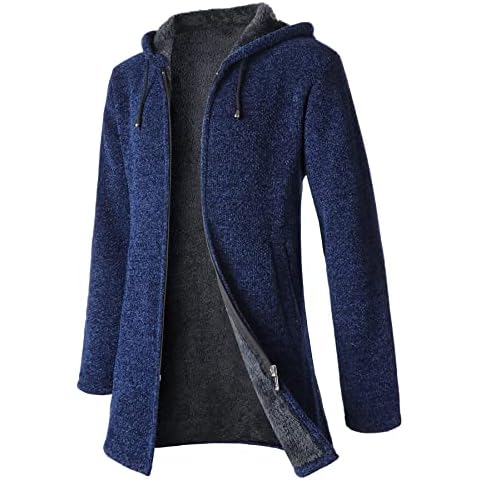 Yukirtiq Men's Hooded Cardigans Long Open Edge Knit Sweater Zipper Fleece Lined Winter Cardigan Cape Overcoat Slim Fit Outwear Knitwear Navy Blue Cover