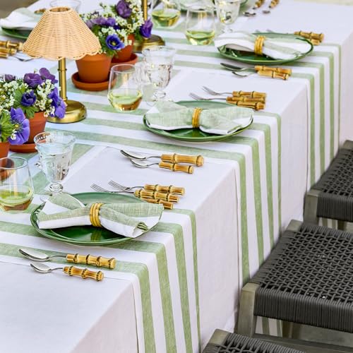 Solino Home Linen Table Runner 108 Inches Long - Cabana Stripe, 100% Pure Linen Green and White Farmhouse Table Runner 14 x 108 Inch for Dining, Summer by Solino Home - Used condition - Image 3