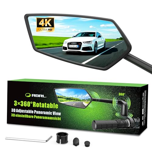 RBRL Bike Mirror, 3D Adjustable Arm for Extended Reach, Aluminum Alloy Anti-shake Bicycle Rearview Mirrors, 360° Panoramic Rearview, Wide Angle Shatterproof & Foldable E-bike Mirror(left)