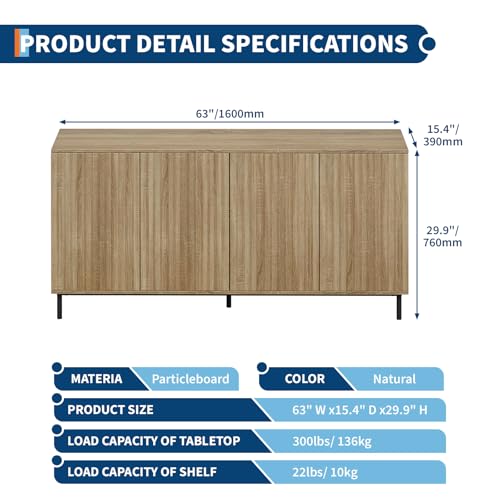 63" Fluted Sideboard Buffet Cabinet with 4 Doors, Modern Accent Storage Cabinet with Adjustable Shelves and Metal Legs, Console Table Coffee Bar Credenza for Living Room Dining Room- Natural Oak
