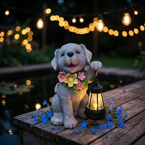 LEAESMHR Dog Solar Light Solar Dogs Statues Outdoor with Lantern Cute Dogs Garden Figurines for Patio and Yard Decor Gardening Gifts for Mom Grandma Dog Lovers