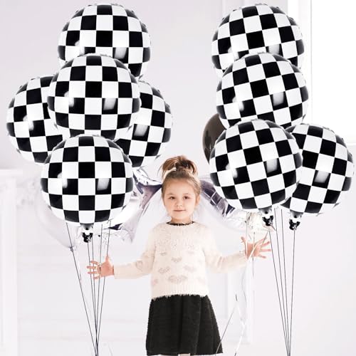 Image of 12 Pcs Checkered Balloons, 18 Inch Checkered Racing Foil Balloons, Black and White Checkerboard Mylar Balloons for Race Car Birthday Party Supplies Decorations (Pack of 2)