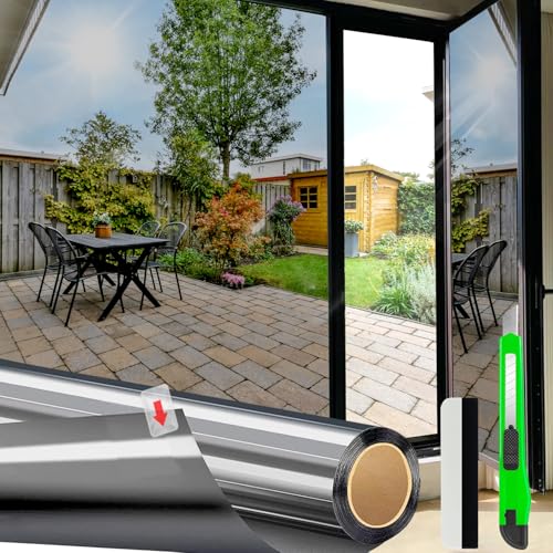 HONLONE Window Film Privacy Film For Glass Windows One Way Reflective Window Film Anti Glare Mirror Film For Window Tint Film Sun Blocker UV Film Black Silver For Home Office