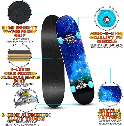Skateboard, 31 "x 8" Compleet Skateboard, 9 lagen Canadese Esdoorn Hout Deck Skateboard met Kleurrijke Knipperende Wielen voor Kids Tieners & Volwassenen - Afbeelding 3