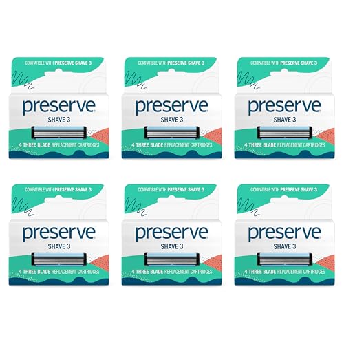 Preserve Shave 3 Razor Blade Refills - 3 Blade Razors for Women & Men - Titanium-Covered Shaver Cartridges with Vitamin E & Aloe Strip for Face & Body Shaving Kit - 24 Pack