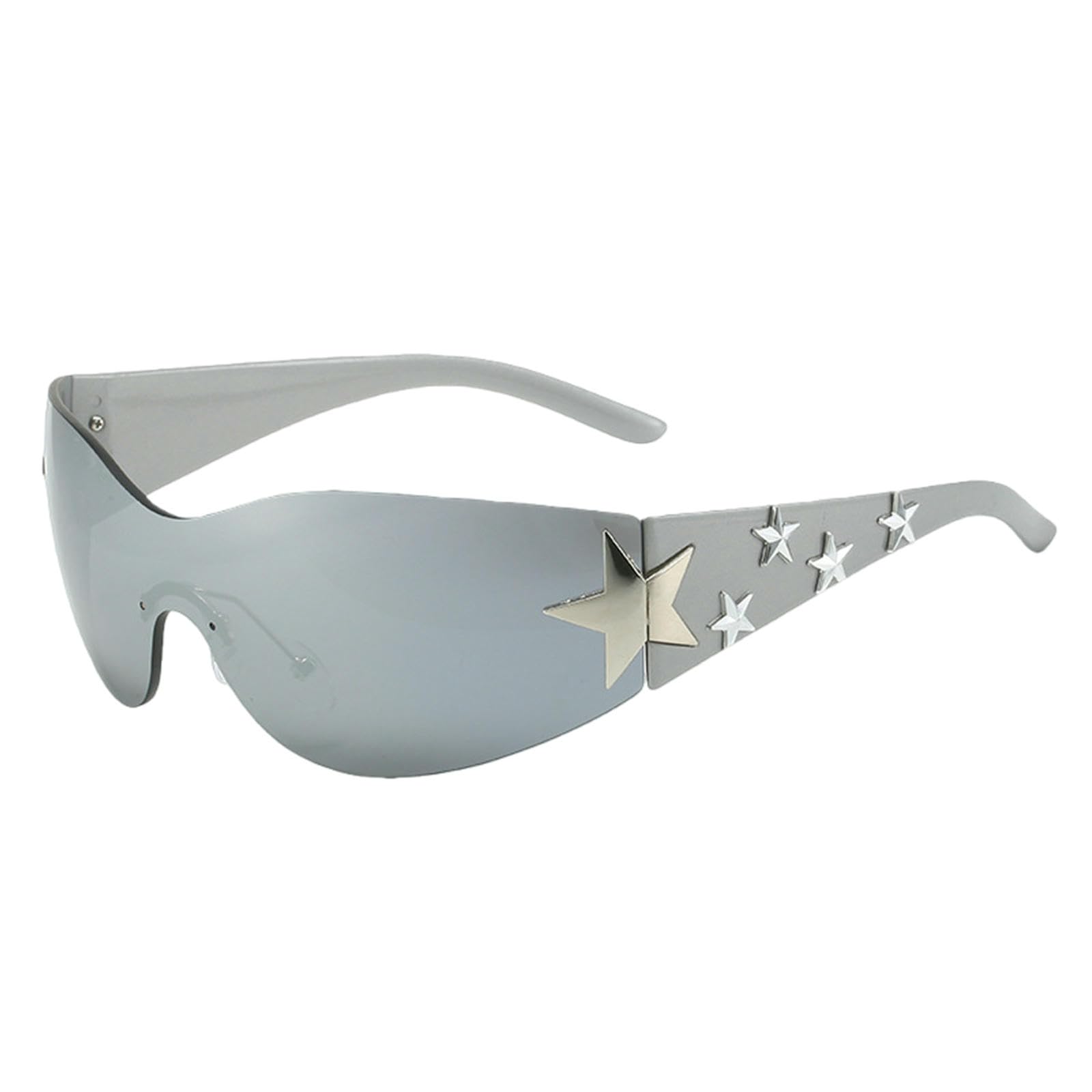 Gyios Women's Gunmetal Temples/Silver Mirror Lenses Sunglasses Rimless Star For Men, Oversized Wrap Around Shades One Piece Unisex