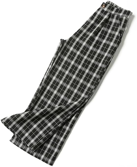 Spring Summer Women's High Waisted Black White Plaid Wide Leg Pants Casual Loose Fit Trousers