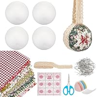 PLIGREAT Crafts Quilted Ornaments Kit, enthält 4 Stück Schaumstoffbälle, 10 Stück Blumenstoff 3m / 9,84 ft Spitzenband und andere Werkzeuge für Weihnachten Baum Hanging Decor DIY Bastelbedarf