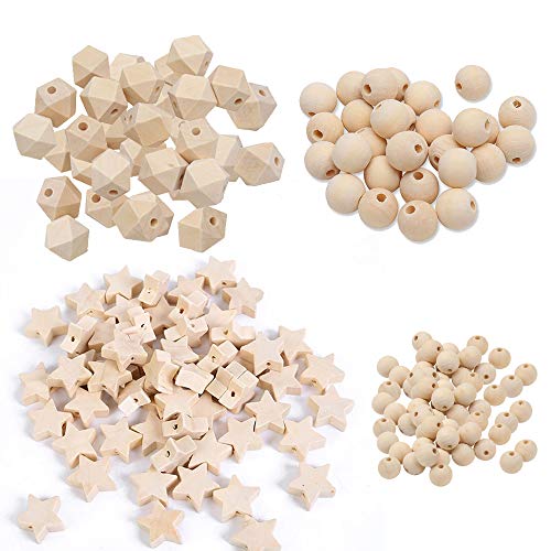 Lot de 200 perles en bois à enfiler, en forme d'étoile naturelle, rondes, en bois géométrique, pour bricolage, bijoux, artisanat Cover
