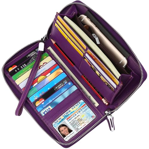 Lavemi Women's RFID Blocking 100% Leather Large Capacity Zip Around Wallet Phone Holder Clutch Travel Purse Wristlet(Large Size Purple)