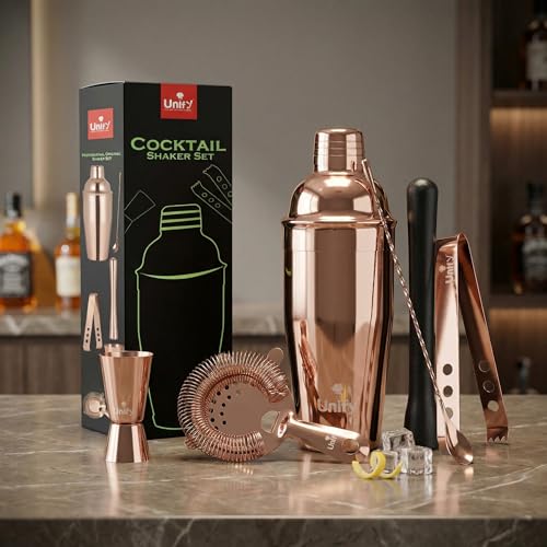 Image of Unify 6 Pieces Stainless Steel Bartender Kit | Rose Gold Cocktail Shaker Set for Home Bar & Parties | Includes Peg Measurer 30 /60ml, Bar Spoon, Ice Tong, Muddler, Strainer | Professional Bar Tool Set
