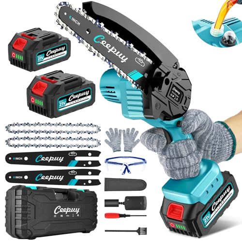 CEEPUY Mini Motosega a Batteria per Potatura 2x5000 mAh, 6 Pollici 880W Motosega Elettrica a Batteria Con Pompetta Olio, Sega Elettrica per Potatura per il Taglio Del Legno e Giardini