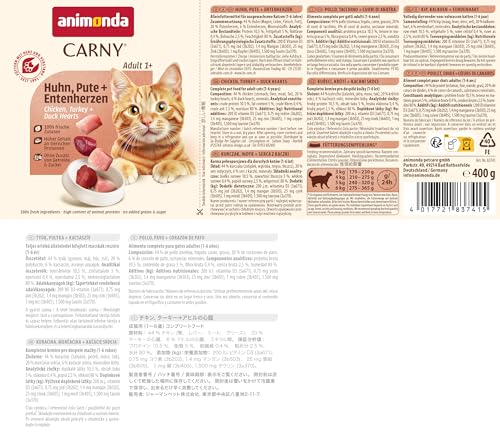 animonda Carny Katzen Nassfutter Huhn + Pute + Entenherzen (6 x 400g), getreidefreies Katzen Nassfutter ohne Zucker, mit frischen fleischigen Zutaten
