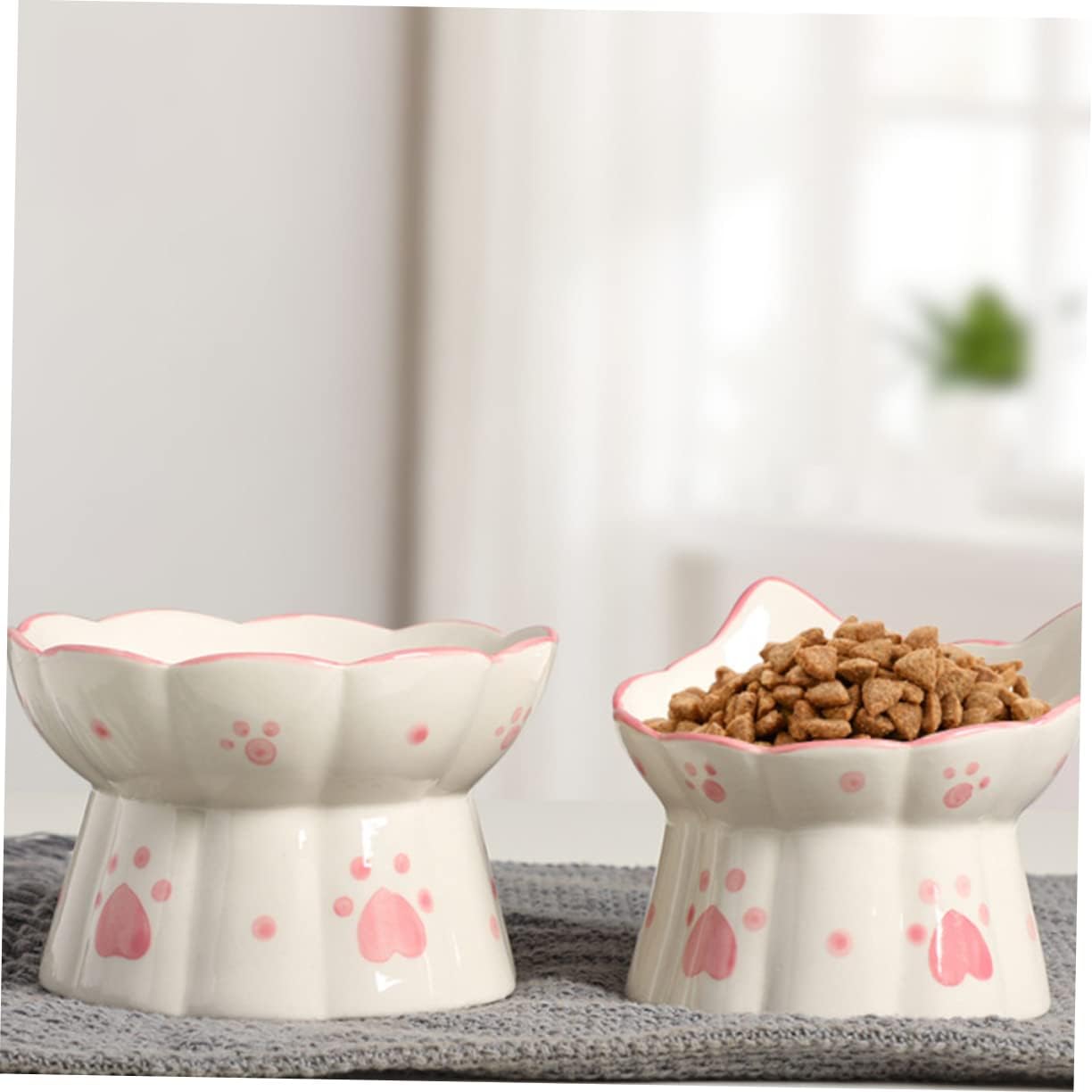 2pcs Elevated Ceramic Cat Bowl with Cat Ear Design Tilted Raised Feeder for Comfortable Neck Support Non Slip Pet Food and Water Bowls Bite Resistant Material Easy to Clean