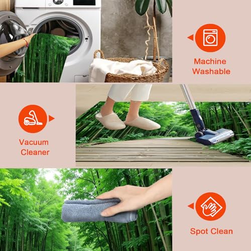 Tapis lavable vert olive à poils courts motif forêt dense antidérapant - 6
