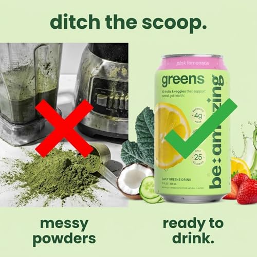 Image of Be Amazing Greens Drink, Pink Lemonade, Ready to Drink, 10 Organic Fruits & Vegetables, Coconut Water, Vitamin C, Prebiotic Fiber, 25 Calories, Low Sugar, Vegan, Gluten Free, On the Go, 8 Pack