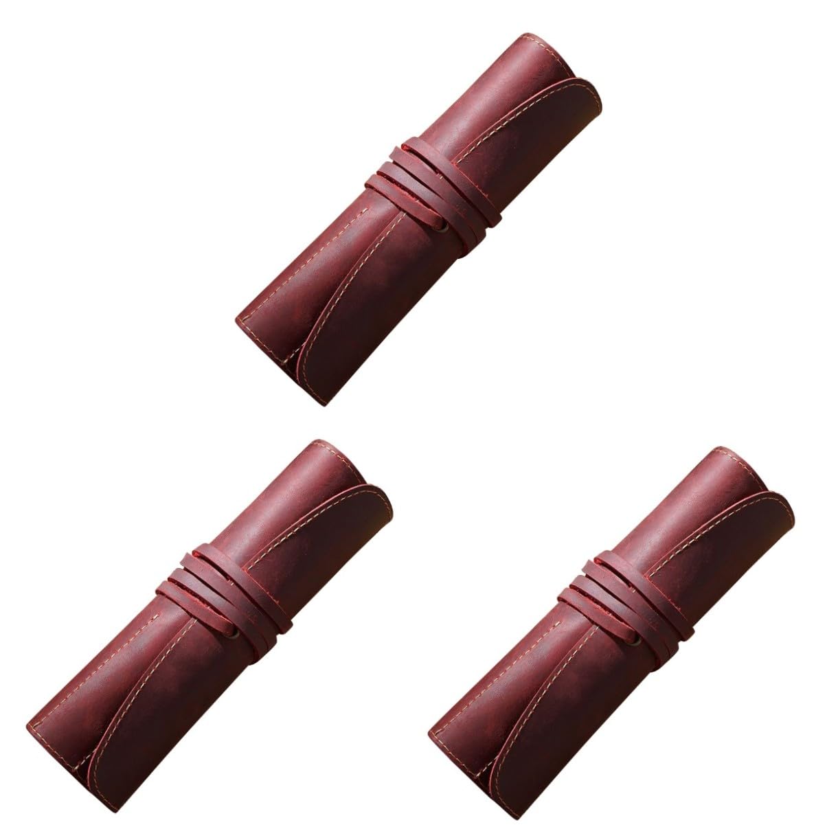 Lurrose 3piezas Estuche De Cuero Retro para Bolígrafo y Lápiz Bolsa De Piel Hecha Mano Organizador De Escritorio Color Vino para Oficina y Estudio