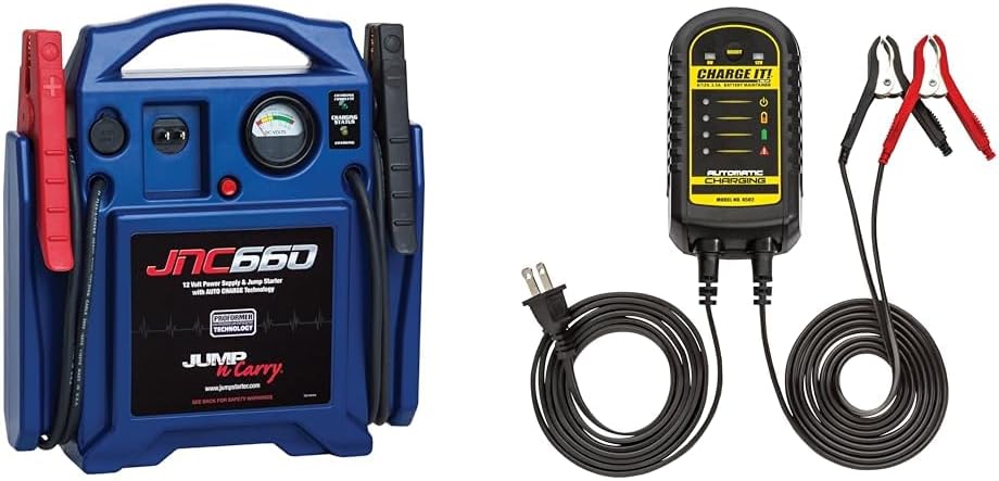 Clore Automotive Jump-N-Carry JNC660 1700 Peak Amp 12 Volt Jump Starter, Blue & Charge IT! 4502 6/12 Volt 2.5 Amp Battery Maintainer