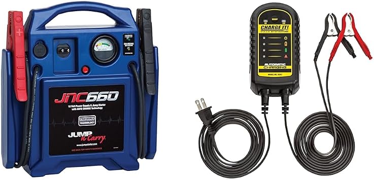 Clore Automotive Jump-N-Carry JNC660 1700 Peak Amp 12 Volt Jump Starter, Blue & Charge IT! 4502 6/12 Volt 2.5 Amp Battery Maintainer