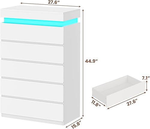Miniatura 2 de Cómoda alta de 5 cajones con luz LED, cómoda moderna blanca para dormitorio, vestidor de armario con cajones para sala de estar, entrada, pasillo