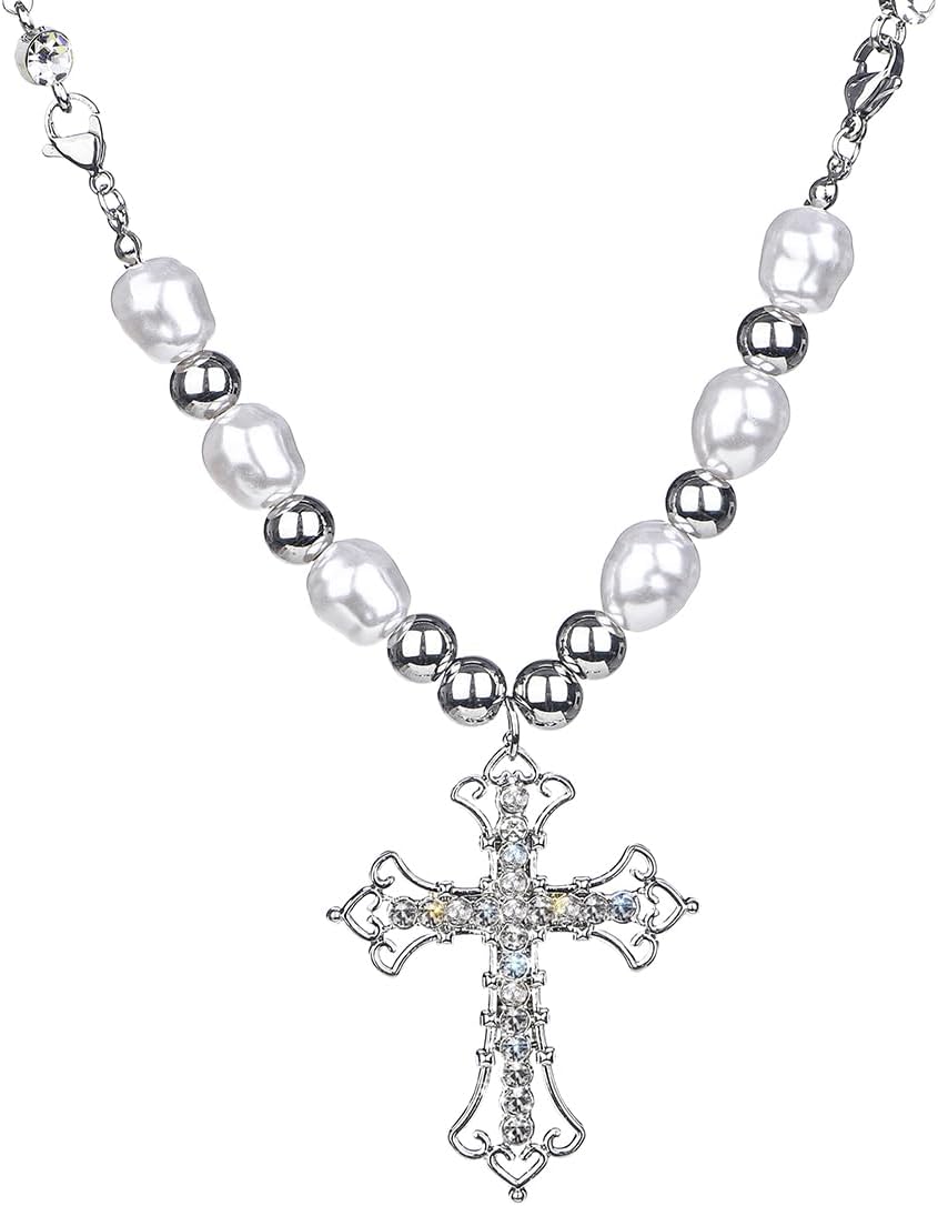 Vintage Celtic Rhinestone Cross Long Pendant Necklace Pearl Beaded Choker Necklace Silver for Women