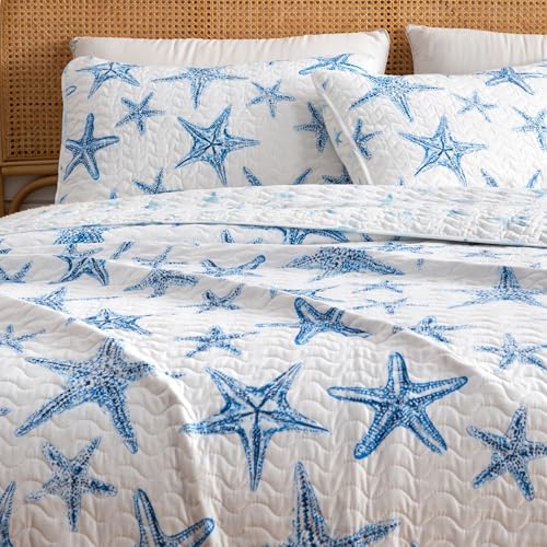 Great Bay Home Coastal Quilt Set - 2-Piece Twin/Twin XL Size Nautical Bedding Set - Lightweight, All-Season, Reversible Starfish Bedspread (Blue) - Image 2