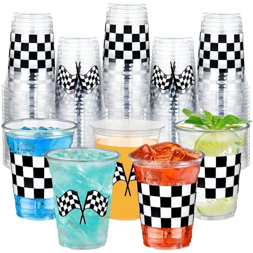 peony man 50 Pcs Checkered Racing Party Plastic Cups 16 oz White Black Checkered Flag Clear Cup Disposable Race Car Drinking Cups for Race Car Sports Themed Birthday Party Favors Supplies