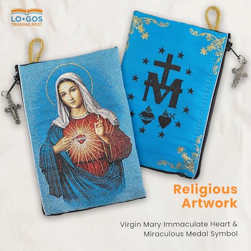 Image of Catholic Rosary Pouch, 4 inch x 6 inch Jewelry & Coin Purse with Cross, Small Woven Tapestry Icon Bag, Bolsa de Rosario Catolico para Joyeria, Virgin Mary Immaculate Heart & Miraculous Medal Symbol, 4 inch x 6 inch