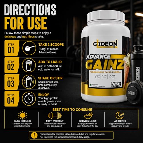 Image of Advance Gainz Weight Gainer | 32g Protein, 5.2g BCAA, 4.2g Glutamic Acid | High Calorie Mass Gainer Powder for Muscle Growth & Weight Gain | Easy Mix Formula (1 kg, Saffron Pistachio)