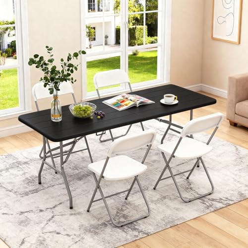 Image of BestOffice 6 FT Picnic Table, Portable Plastic Folding Table with Carrying Handle Perfect for Picnics, Parties, Party and Camping, Black Wood Grain