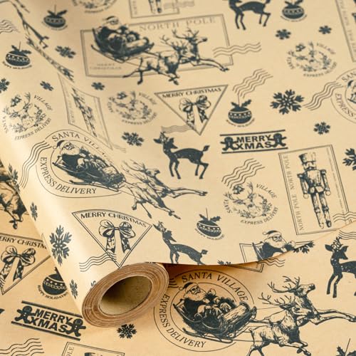 RUSPEPA Kraft Christmas Wrapping Paper Roll, Mini Roll, Vintage Black Holiday Postmark Design with Reindeer, Santa & Nutcracker, Gift Wrap for Xmas Presents, Party & Holiday Decor, 17 Inch x 16.4 Feet