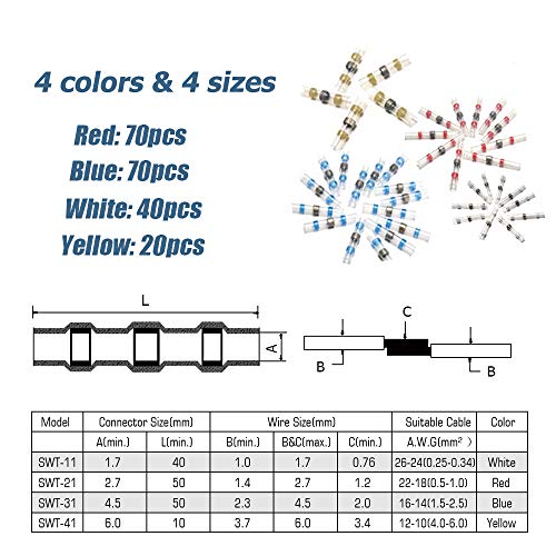 200PCS Solder Seal Wire Connectors, Camtek Heat Shrink Solder Connectors Solder Seal Butt Connectors Electrical Wire Terminals Insulated Waterproof Marine Automotive Copper Connectors Kit - Thumbnail 3