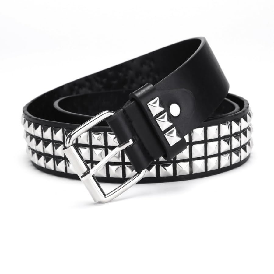 Square bead willow nail metal belt, 3.8cm wide pyramid neutral inlaid square bead rivet denim belt (black), one size fits all3