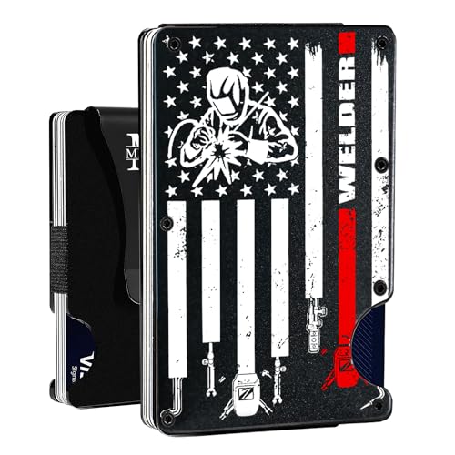 YOMOTION Minimalist Metal Wallet For Men - Welder American Engraved - Slim Blocking Wallets With Money Clip - Front Pocket Aluminum Card Holder Gift For Husband Dad Welder Man