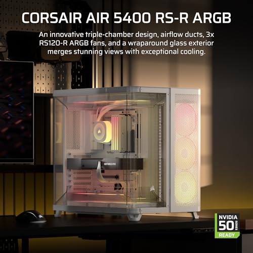 Image of CORSAIR AIR 5400 Mid-Tower PC Case - Triple-Chamber Design - Airflow Ducts for Powerful Cooling - Isolated 360mm CPU AIO Chamber - ASUS BTF, - RapidRoute 2.0 - RS-R Reverse-Rotor ARGB Fans, White