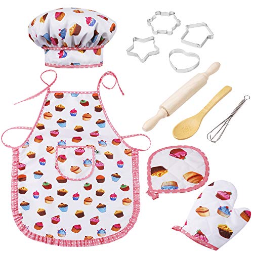 DecStore Juego de chef para niños, 11 piezas para cocinar y hornear, incluye delantal para niñas pequeñas, sombrero de chef, el mejor regalo para niños a partir de 3 años, color blanco Cover