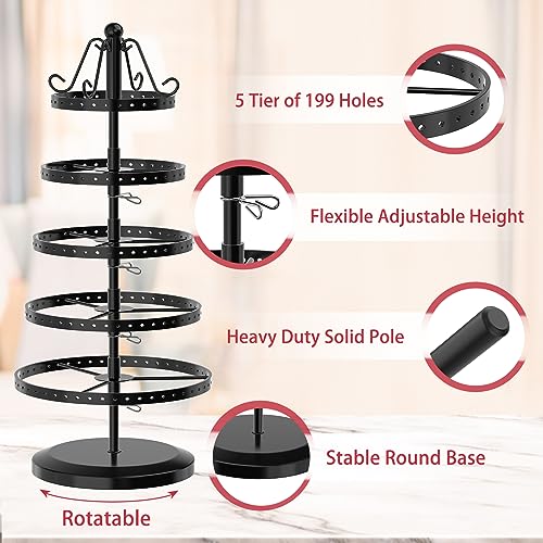Image of MODOWEY 5 Tiers Metal Rotating Earring Holder Organizer Tree Spinning Display Stand Rack for Women, 220 Holes Adjustable Large Storage for Stud Dangle Hoop, Find Your Earrings at a Glance, Black