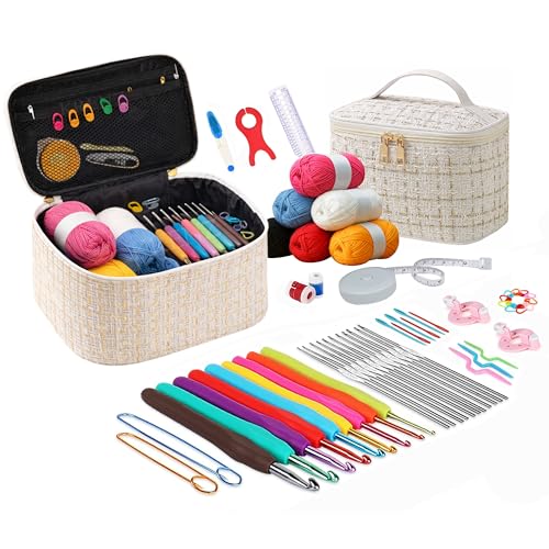 KRENZ 59 Pcs Crochet Kit Set for Beginner Adults Kids Starter Kit Crochet Needles Set Crochet Kit Include 6 Yarn Crochet Hooks Stitch Markers Storage Bag All in One Crochet Hook Set with Crochet Yarn