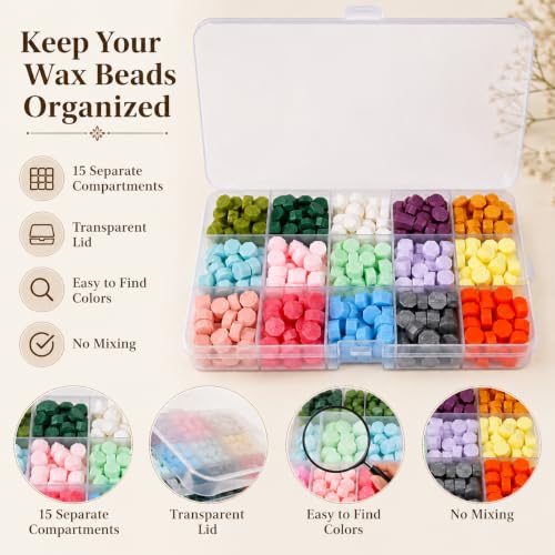 Image of CURATED CART Wax Seal Beads Kit 300 Pieces- 15 Colors Sealing Wax Beads with Organizer Case, Wax Stamp Beads for Wedding Invitations, Envelope Seals, Gift Wrapping, Card Making & DIY