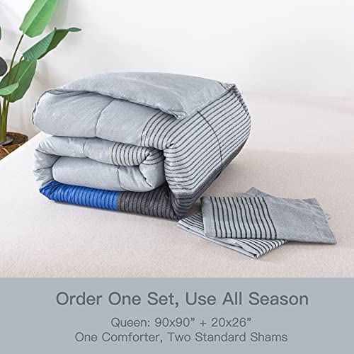 Litanika Bed Comforter Queen Set Grey Blue, Striped Bedding Comforter Set, 3 Pieces Lightweight Soft All Season Down Alternative Comforter (1 Comforter, 2 Pillowcases) #TOP4